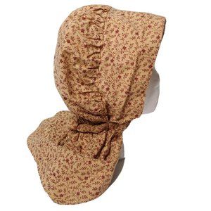 Vintage Handmade Girls Young Woman Bonnet Tan Maroon Floral Ties Cottagecore Hat